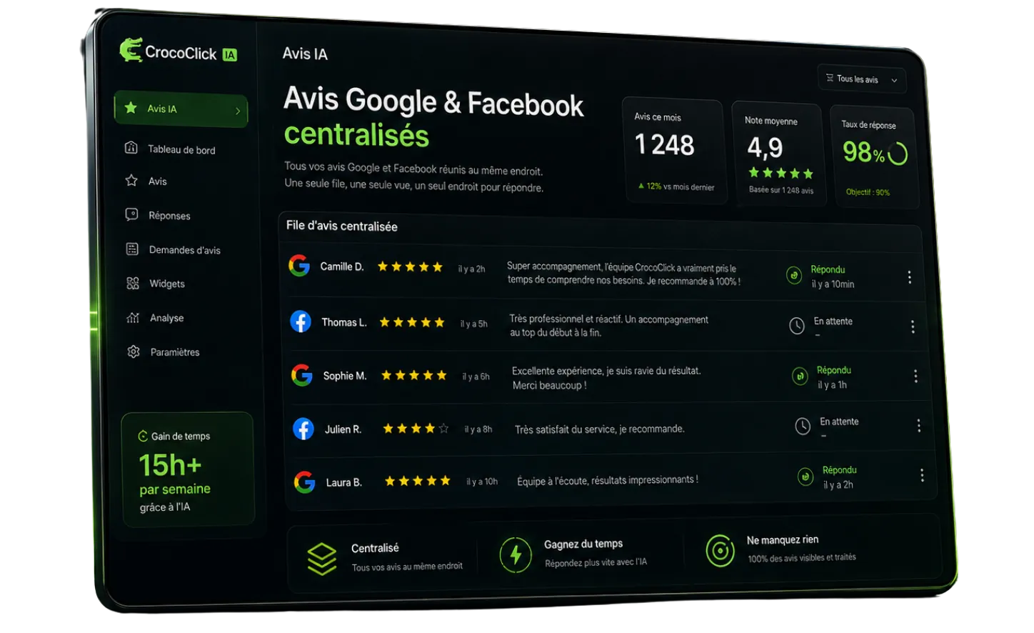 La file d'avis unifiée dans CrocoClick : avis Google et Facebook centralisés, notes en étoiles et statut de réponse de chacun, au même endroit.
