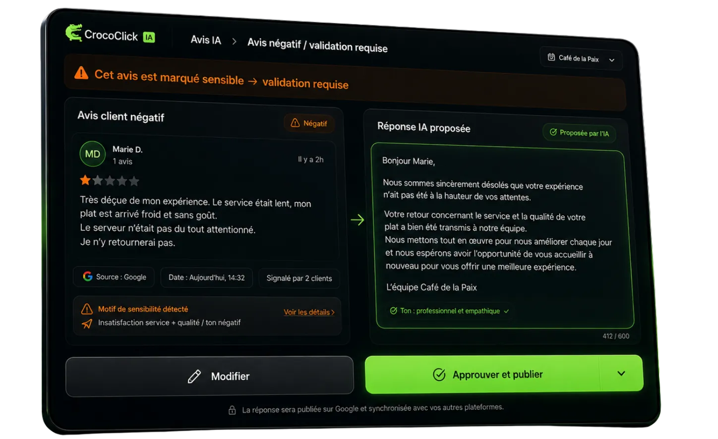 Un avis client et la réponse rédigée par l'Avis IA en mode suggestion, avec les boutons Approuver et Modifier.