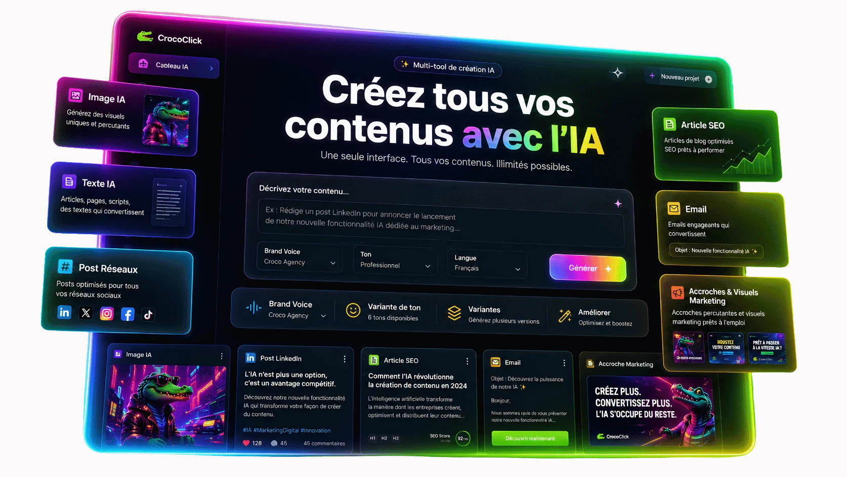 Brief « Email de relance, ton chaleureux » avec Brand Voice active : le Contenu IA génère 5 objets d'email sélectionnables, prêts à insérer.