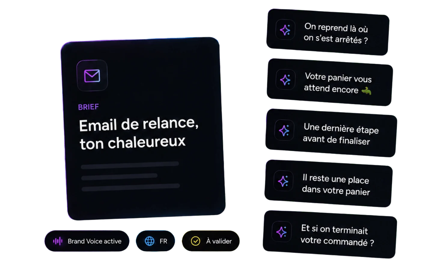 Le Contenu IA décline un brief « email de relance » en plusieurs objets d'email alignés à votre Brand Voice, prêts à valider et insérer dans l'éditeur.