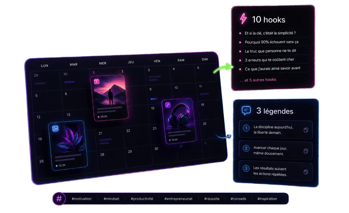 Social planner : un calendrier de la semaine avec des posts programmés, 10 hooks et 3 légendes générés à sélectionner, plus une rangée de hashtags suggérés.