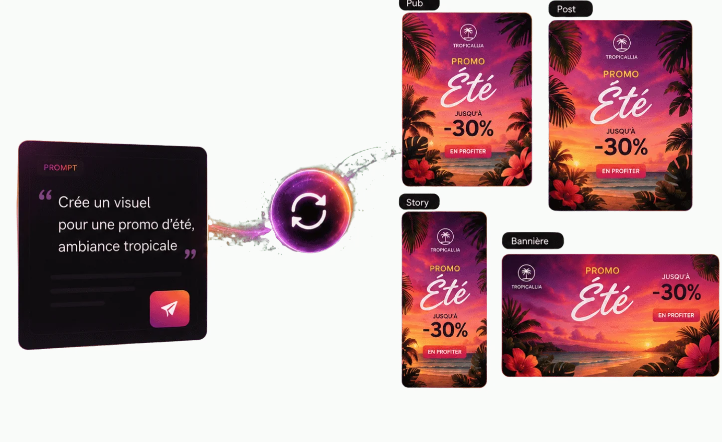 Quatre visuels générés pour une même promo d'été tropicale, déclinés en formats Post, Story et Bannière, à partir d'un simple prompt.