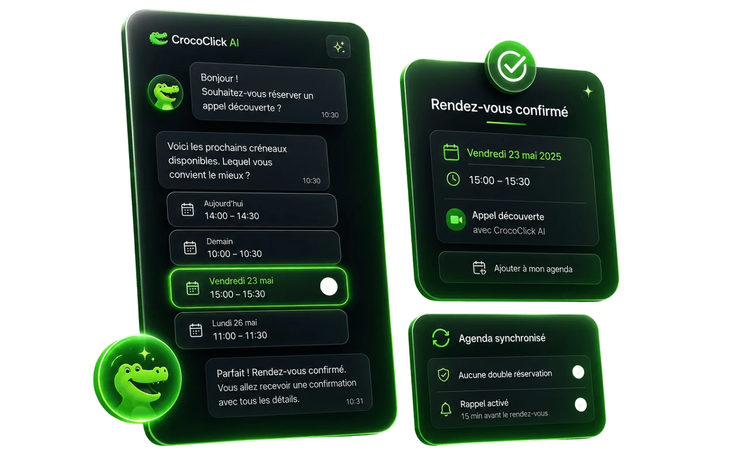 L'IA lit les créneaux réellement disponibles dans la conversation, le prospect choisit vendredi 23 mai 15h, le rendez-vous « Appel découverte » est confirmé et l'agenda synchronisé (aucune double réservation, rappel activé).