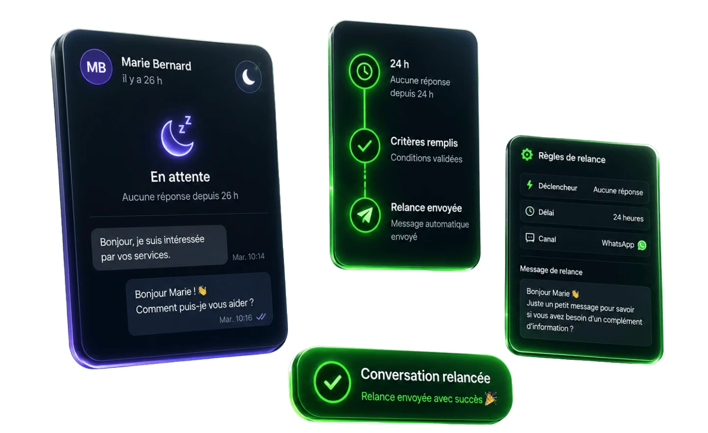 Une conversation en attente depuis 26 h relancée automatiquement selon vos règles (déclencheur « aucune réponse », délai 24 h, canal WhatsApp, message personnalisé) jusqu'à l'envoi confirmé de la relance.