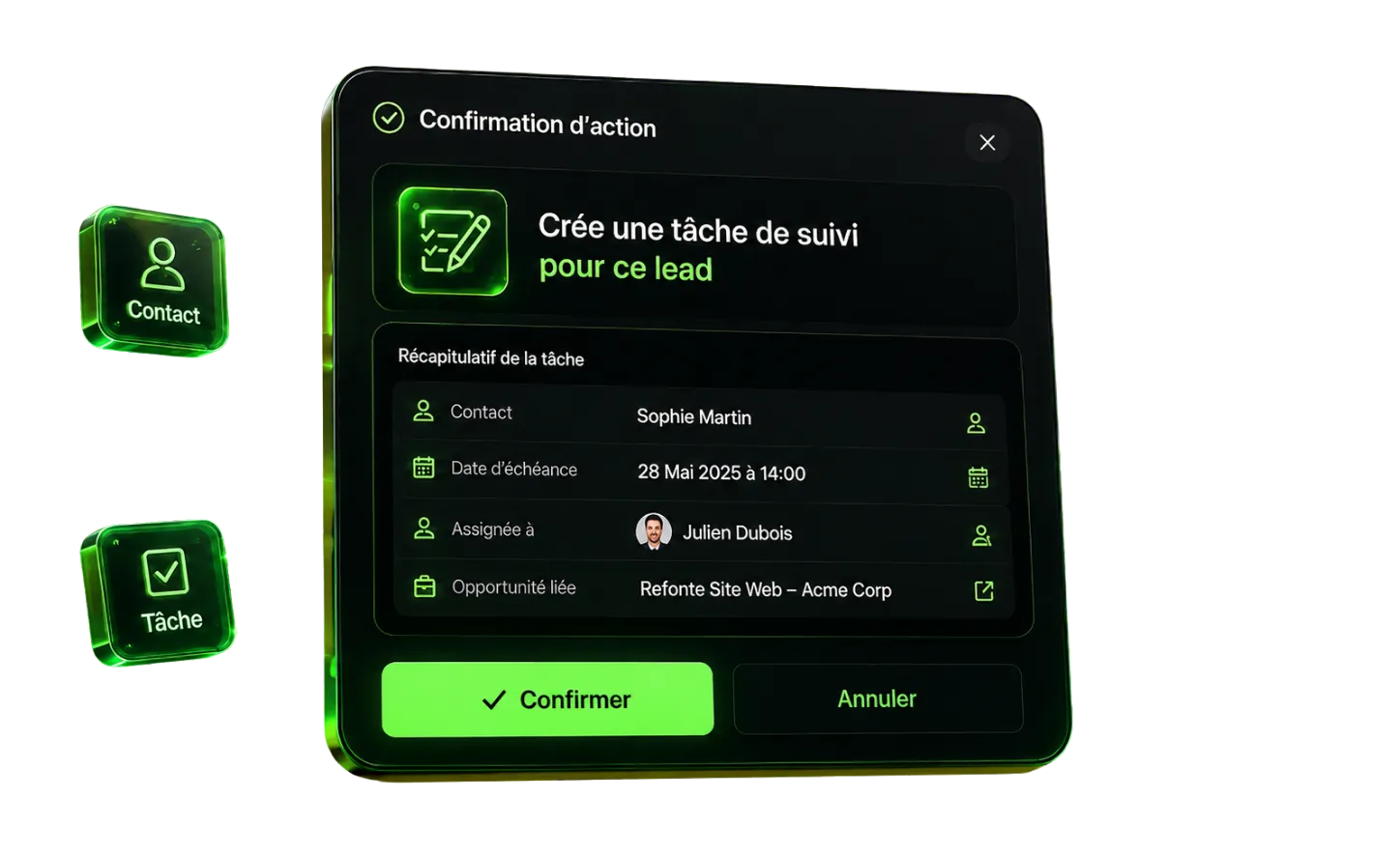 Carte « Confirmation d'action » de CrocoAsk : « Crée une tâche de suivi pour ce lead » avec le récapitulatif (contact, échéance, assignation) et les boutons Confirmer et Annuler.
