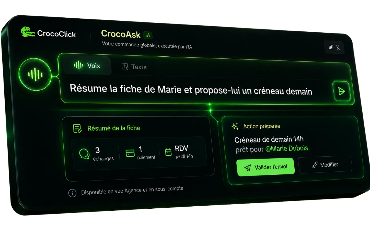 La barre de commande CrocoAsk en haut de l'écran CrocoClick, avec ses onglets « Voix » et « Texte » : « Résume la fiche de Marie et propose-lui un créneau demain » exécuté, disponible en vue Agence et en sous-compte.
