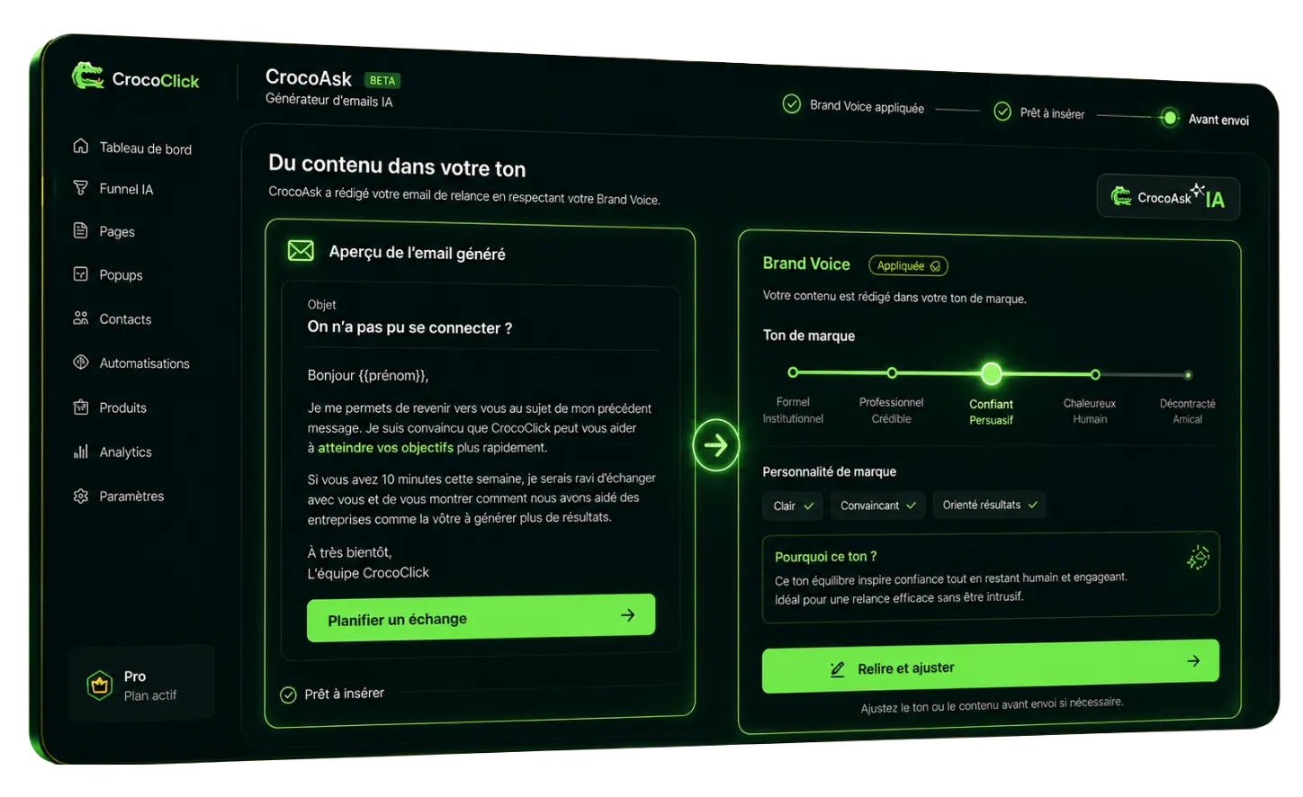 CrocoAsk rédige un email dans le ton de la marque, affiché à côté du panneau Brand Voice et de son curseur de ton, prêt à relire et ajuster.