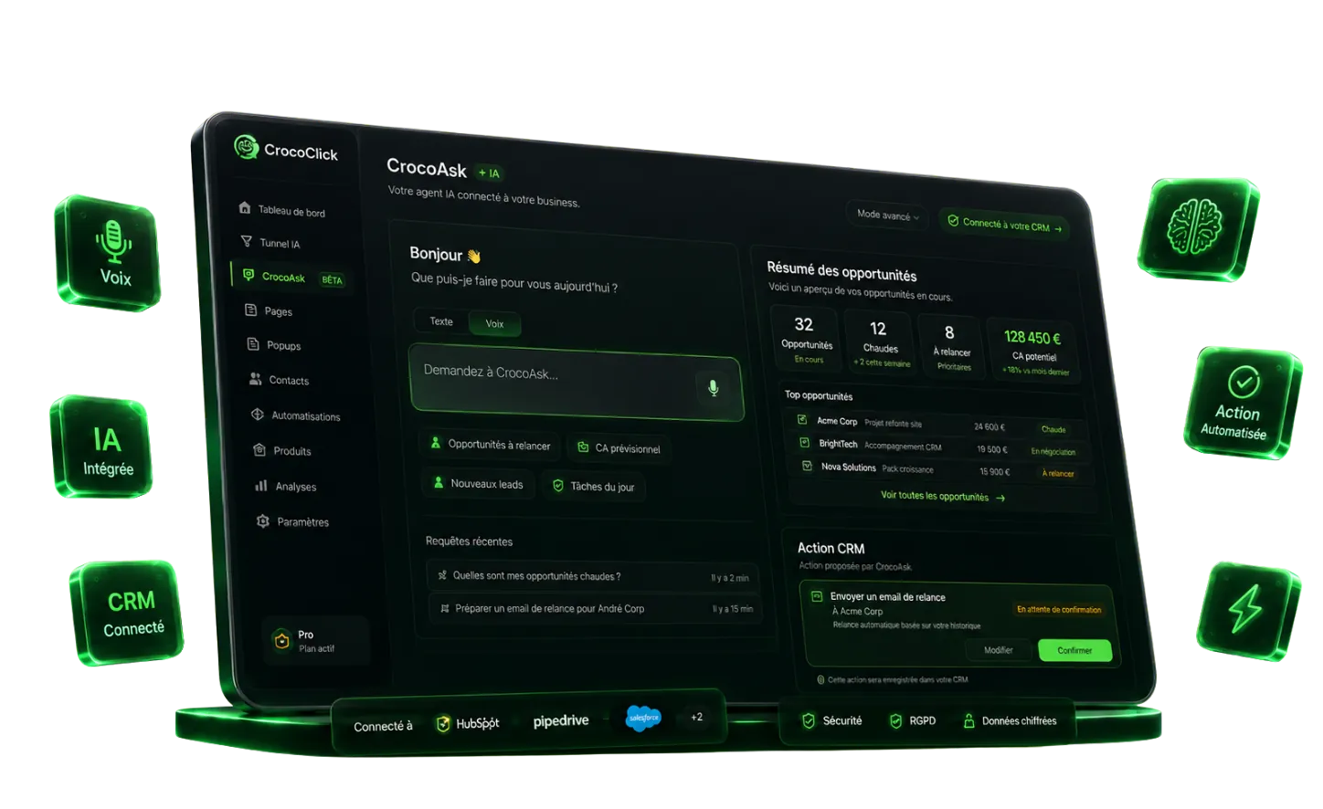CrocoAsk ouvert dans le CRM CrocoClick sur un ordinateur portable : un copilote interne qui résume les opportunités et prépare les actions, pour vous, en interne.