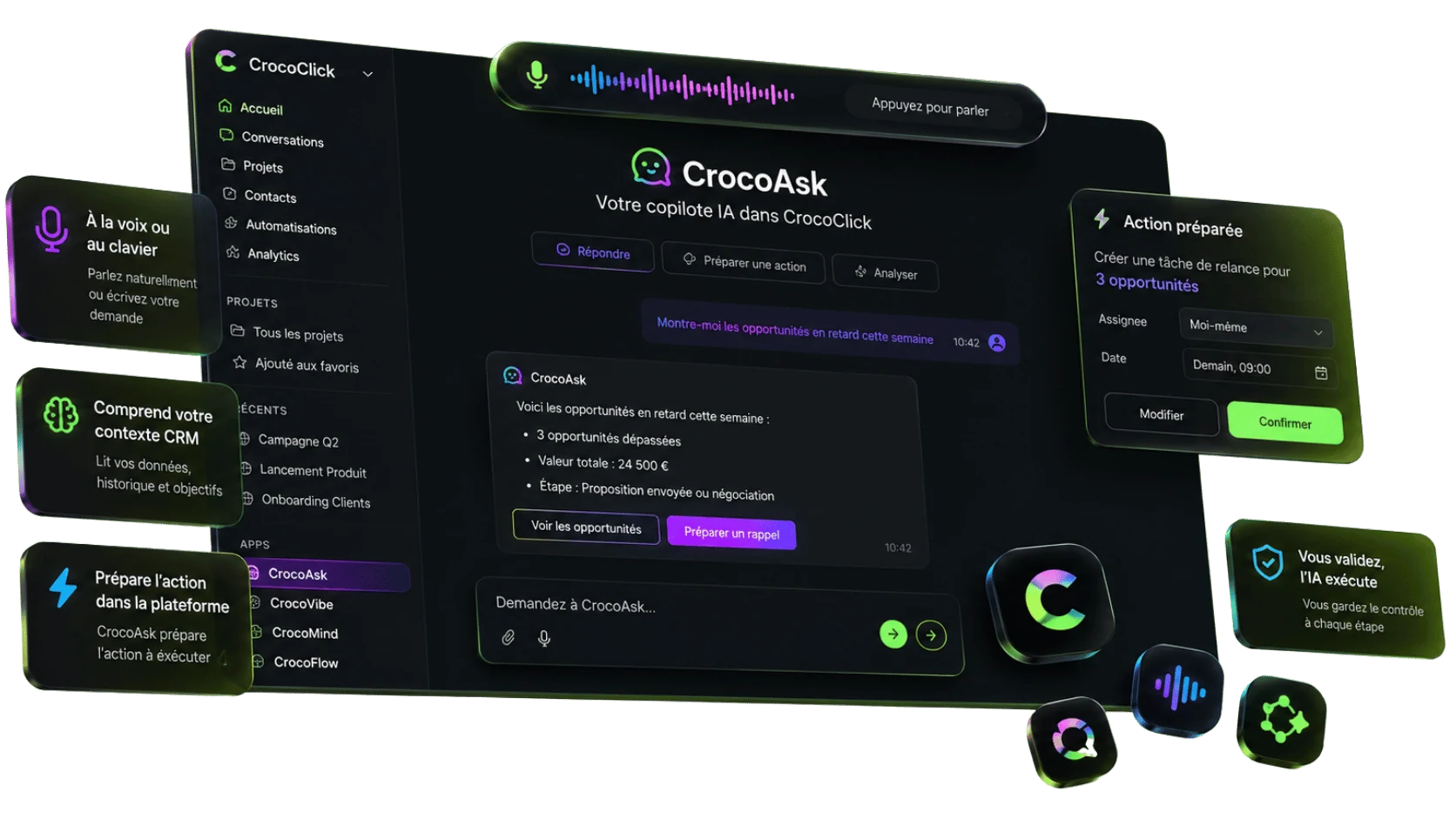 Interface CrocoClick en thème sombre avec l'agent CrocoAsk ouvert : commande vocale et champ « Demandez à CrocoAsk… », une réponse de l'IA résumant des opportunités, et un panneau d'action CRM exécutée ou à confirmer.