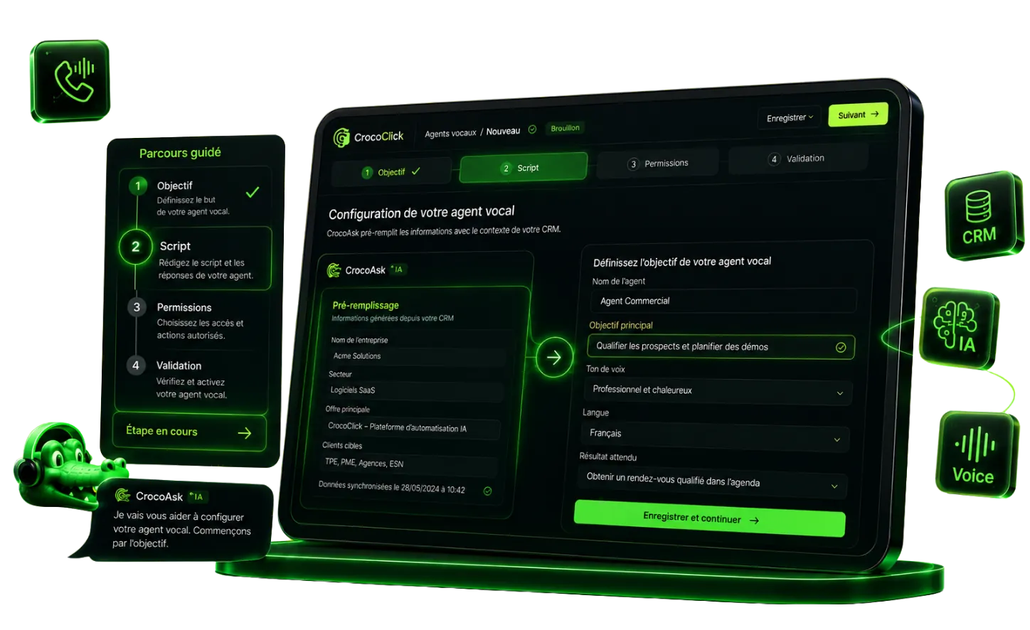 CrocoAsk guide pas à pas la configuration d'un agent vocal : un parcours d'étapes (objectif, script, permissions, validation) cochées au fur et à mesure.