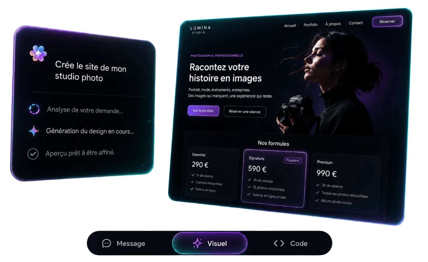 CrocoVibe génère un site complet à partir d'un prompt, affiné par message, visuellement ou dans le code — onglets Message, Visuel et Code.