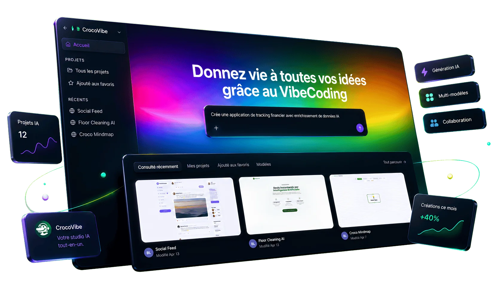 Interface CrocoVibe : un prompt « Crée une application de tracking financier » génère l'app par VibeCoding, avec la console des projets récents