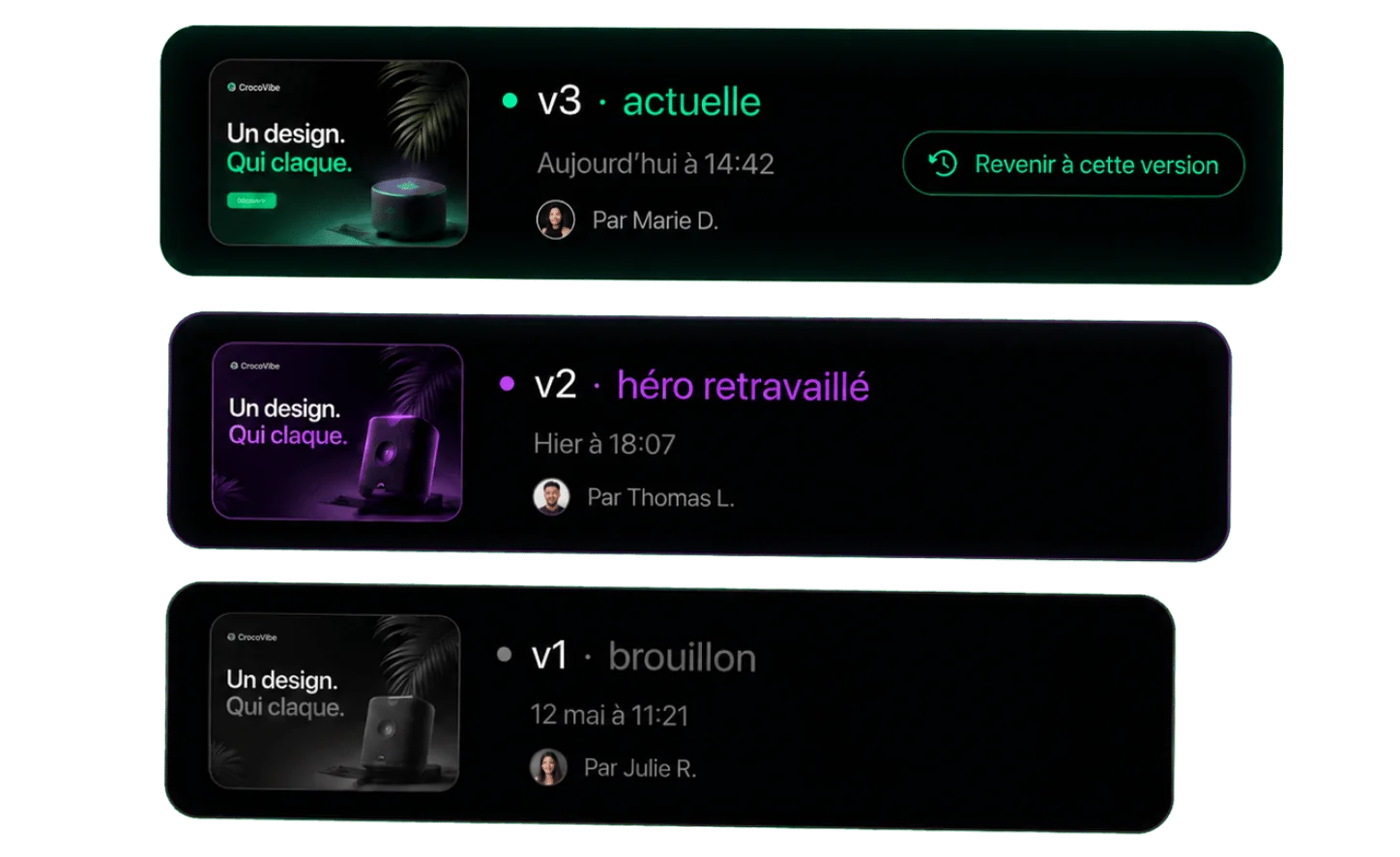 Historique des versions d'un projet CrocoVibe : v3 active, v2 « héro retravaillé » et v1 « version initiale », avec retour possible à une version précédente