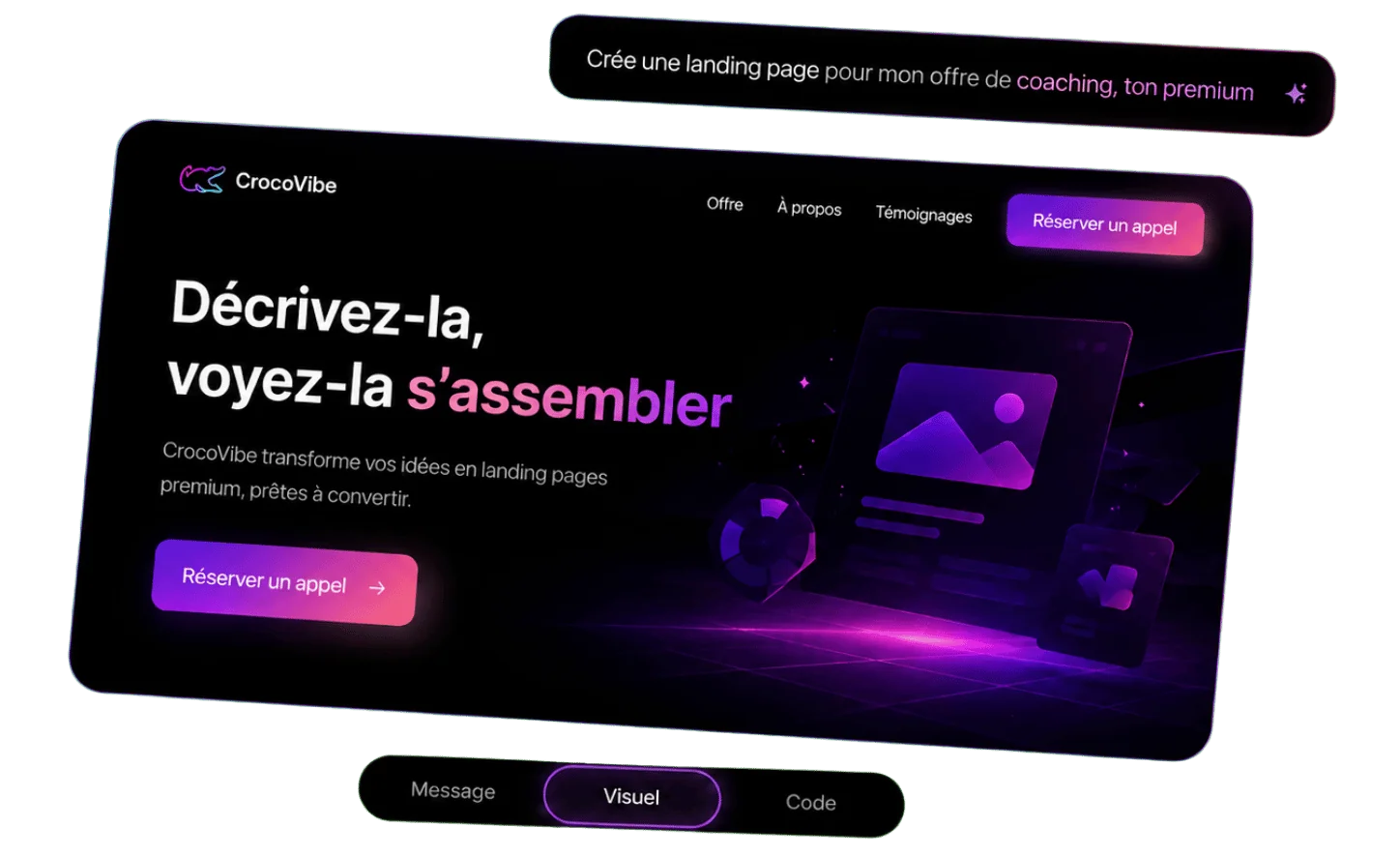 Landing page de coaching générée par CrocoVibe, avec bouton « Réserver un appel » et pastilles d'édition Message, Visuel et Code (Visuel actif)