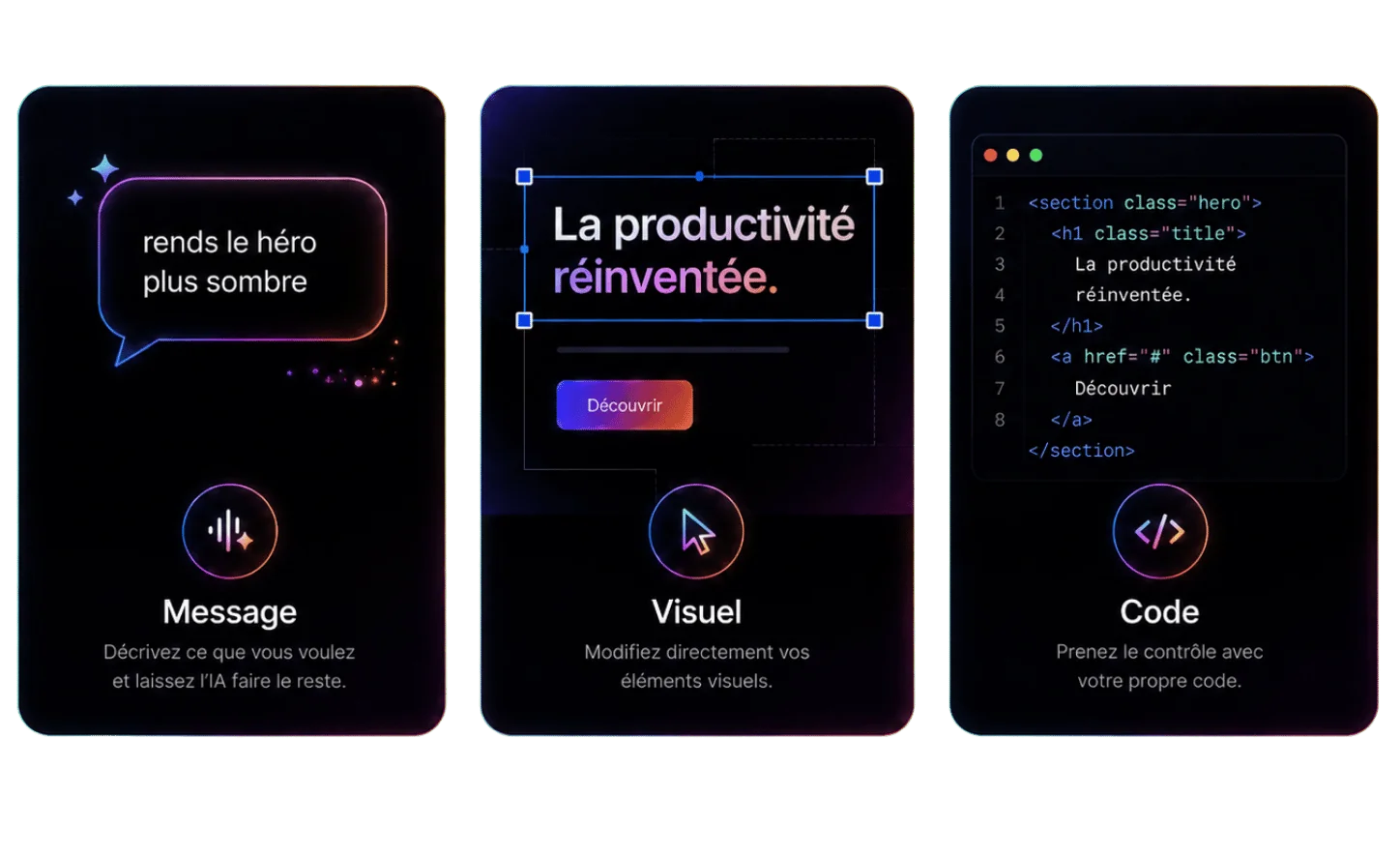 Les trois modes d'édition de CrocoVibe côte à côte : par message (« rends le héro plus sombre »), visuellement à la souris, et dans le code front-end