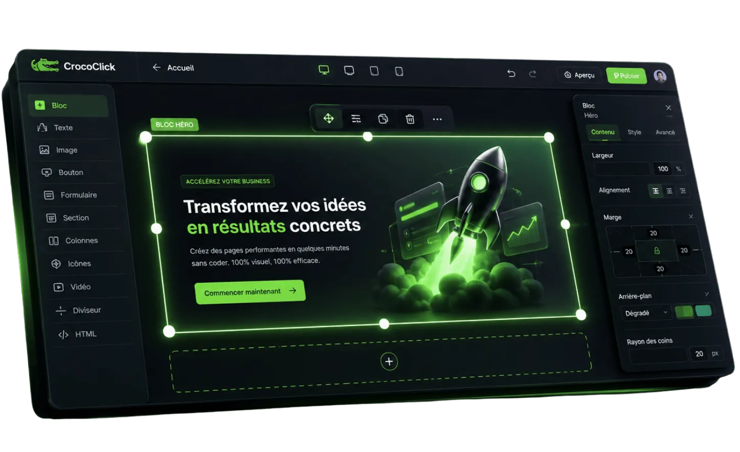 Une page de funnel générée par l'IA, éditable en glisser-déposer dans le builder no-code CrocoClick — une base prête à ajuster.