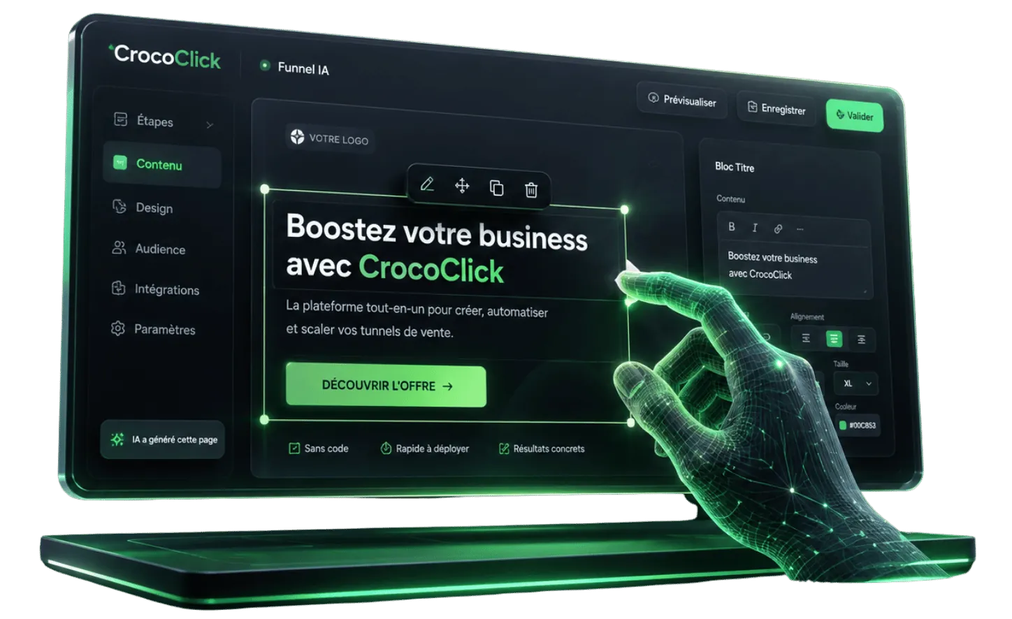 Une structure de site générée par l'IA, ouverte dans le builder CrocoClick sur un ordinateur portable, prête à finaliser et publier.