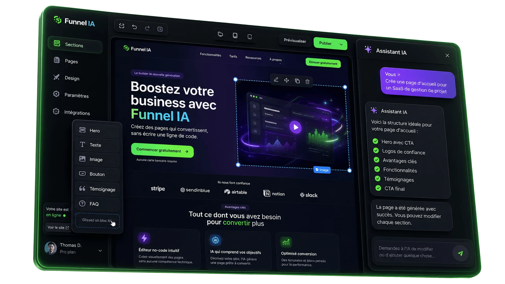 Capture du builder no-code CrocoClick après génération : à gauche un champ de prompt « Crée un tunnel pour ma formation de coaching à 497€ », à droite l'aperçu d'une page de vente structurée (hero, section offre, témoignages, bloc d'appel à l'action) avec les poignées d'édition glisser-déposer. Thème sombre, accents verts.