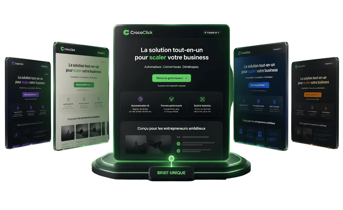 À partir d'un seul brief, la même page CrocoClick déclinée sur desktop, tablette et mobile — responsive et reliée au CRM.